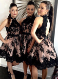 High Neck Black Lace Homecoming Dress,Saucy Halter Pearl Pink Open Back Prom Dress,SH57