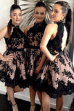 High Neck Black Lace Homecoming Dress,Saucy Halter Pearl Pink Open Back Prom Dress,SH57