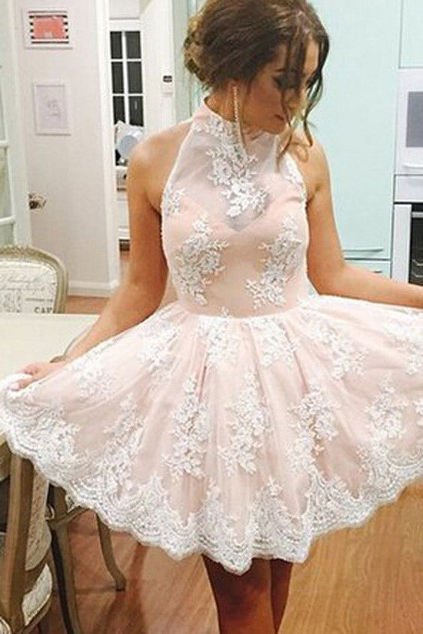 White Lace High Neck Homecoming Dress, Sleeveless Short Prom Dress,SH58