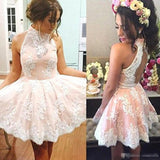 White Lace High Neck Homecoming Dress, Sleeveless Short Prom Dress,SH58