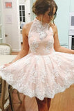 White Lace High Neck Homecoming Dress, Sleeveless Short Prom Dress,SH58