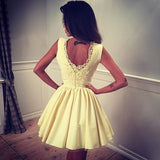 Ivory V Neck Short Prom Dress,Sleeveless V Back Appliques Cheap Homecoming Dress,Party Dress SH160