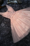 Blush Pink Short Bridesmaid Dress,Prom Dress,Lace Appliqued Tulle Homecoming Dress,SH60 | homecoming dresses | short prom dresses | homecoming dresses pink | blush homecoming dresses | lace homecoming dresses | plus size homecoming dresses | cheap homecoming dresses | homecoming dresses online | simidress.com