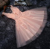 Blush Pink Lace Appliqued Tulle Homecoming Dresses, Short Bridesmaid Dresses, SH60