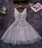 Cheap Grey Short Bridesmaid Dress,Prom Dress,Lace Appliqued Tulle Homecoming Dress,SH60 | homecoming dresses | short prom dresses | homecoming dresses pink | blush homecoming dresses | lace homecoming dresses | plus size homecoming dresses | cheap homecoming dresses | homecoming dresses online | simidress.com