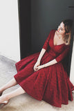Half Sleeves Burgundy  Homecoming Dress With Lace V Neck Short Prom Dress SH62