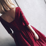 Half Sleeves Burgundy  Homecoming Dress With Lace V Neck Short Prom Dress SH62
