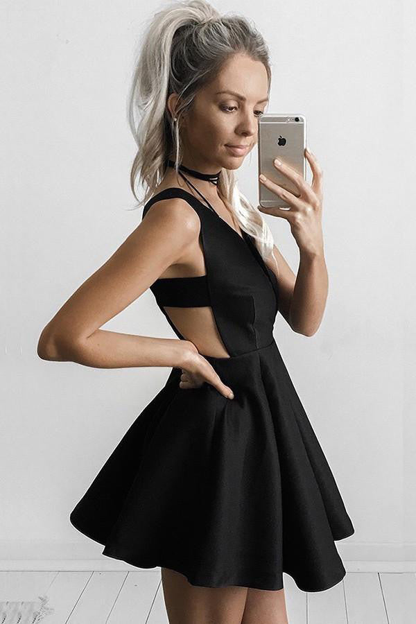 Sexy Black V-neck Sleeveless Short Prom Dress, Cheap Homecoming Dress, SH95