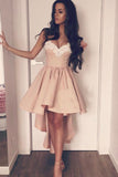 Pink Stretch Satin Beaded Homecoming Dress,A-Line Sweetheart High Low Prom Dress,SH96