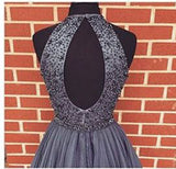 A-line Gray Halter High Neck Beaded Short Prom Dress,Tulle Homecoming Dress,SH97