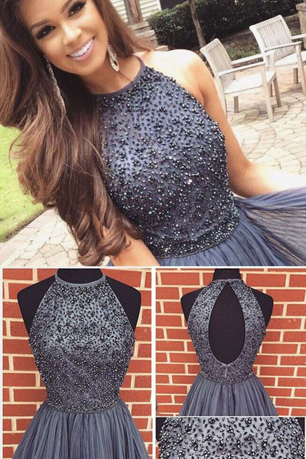 A-line Tulle Gray Halter High Neck Beaded Short Prom Dress,Homecoming Simidress A-line Tulle Gray Halter High Neck Beaded Short Prom Dress,Homecoming Simidress