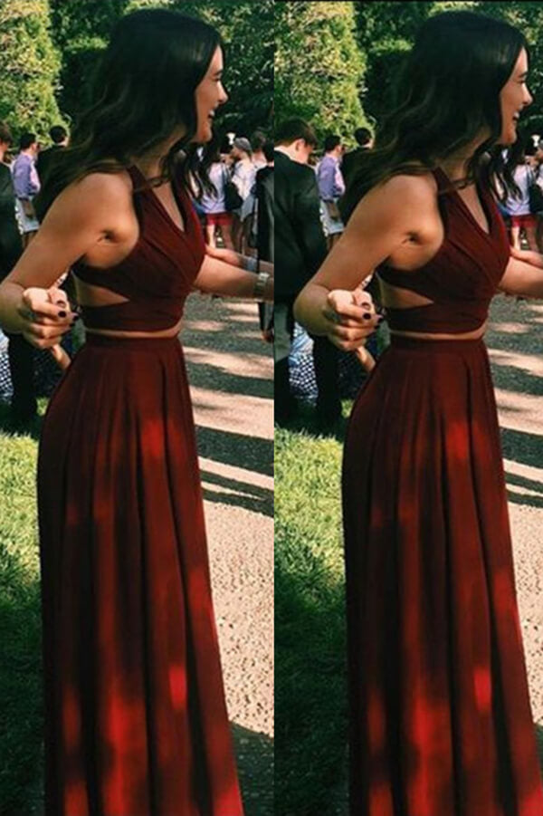 Two Pieces A-line Stretch Satin Prom Dresses,Red Halter Floor-length Prom Gowns,SIM448 | Simidress.com