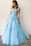 Buy blue Tulle A-line V Neck Spaghetti Straps Long Prom Dresses with Appliques, SP531 | prom dress | evening dresses | formal dresses | blue prom dresses | party dresses | Simidress.com