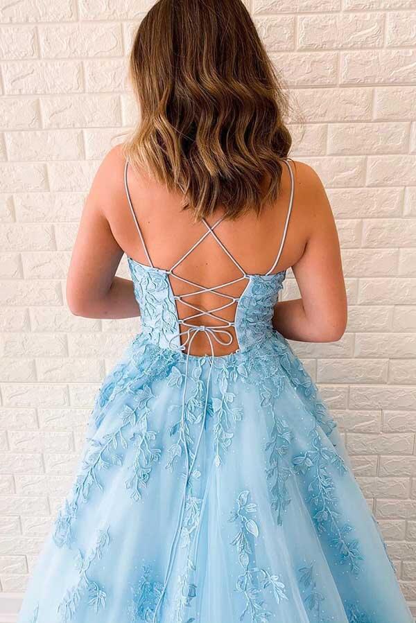 Simidress sell Blue Tulle A-line V Neck Spaghetti Straps Long Prom Dresses with Appliques, SP531 | lace prom dresses | blue prom dresses | party dresses | Simidress.com