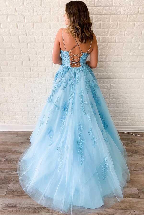 Simidress sell Blue Tulle A-line V Neck Spaghetti Straps Long Prom Dresses with Appliques, SP531 | Blue prom dresses | lace prom dresses | evening dresses | formal dresses | cheap prom dresses | Simidress