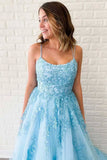 Simidress sell Blue Tulle A-line V Neck Spaghetti Straps Long Prom Dresses with Appliques, SP531 | lace prom dresses | formal dresses | cheap prom dresses | blue prom dresses | evening dresses | party dresses | Simidress.com