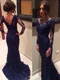 Long Sleeves Lace Navy Blue Prom Dresses,V-neck Open Back Evening Dresses,M68