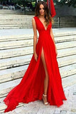 Red Split Prom Dresses,V Neck Chiffon Evening Dresses, Sexy Party Gowns, MI32