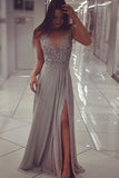 Grey Chiffon Beaded Prom Dress with Slit, Sexy Long Formal Dresses, M70