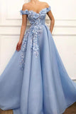 Blue Satin A-line Off-the-shoulder Lace Sweetheart 3D Flowers Prom Dresses, SP427