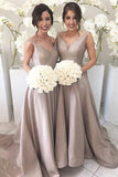 V-neck Sleeveless High Low Sweep Train Bridesmaid Dresses,Silver Party Dresses,M29
