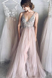 Blush Tulle A-Line Deep V-Neck Long Prom Dress, Evening Dress with Beading, SP337