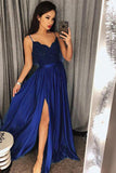 Charming Blue Lace V-Neck Bodice Long Prom Dresses with Side Slit, SP338