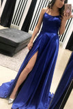 Cute Simple Blue Spaghetti Straps Long Prom Dresses with Side Slit, SP339