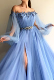 Petite Blue Hot Tulle A-Line Slit Evening Dress Prom Dresses online, SP340