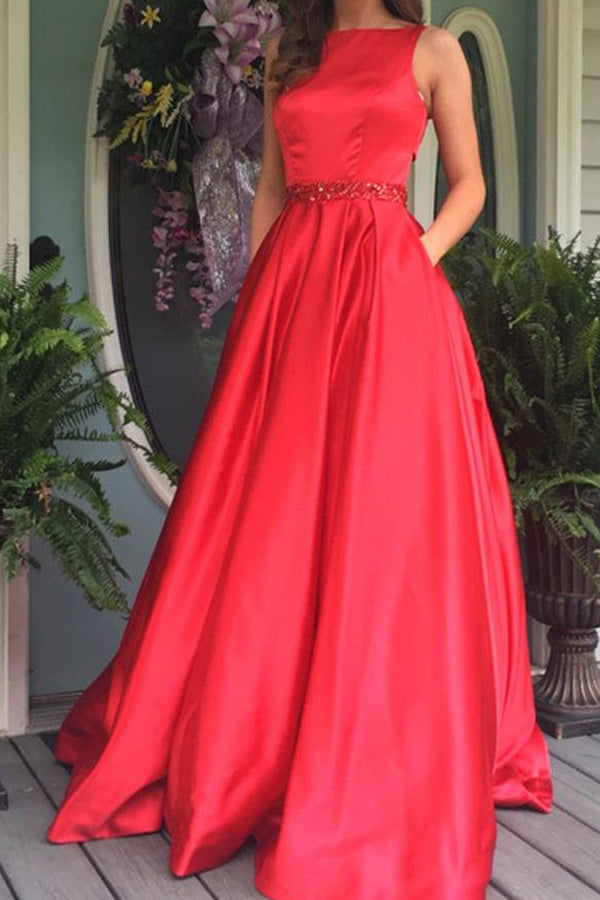 Elegant Red A-line Open Back Long Prom Dresses Evening Dress online, SP341