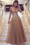 Charming Tulle Straps A-line V neck Long Prom Dresses with Appliques, SP342