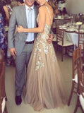 Charming Tulle Straps A-line V neck Long Prom Dresses with Appliques, SP342|simidress.com