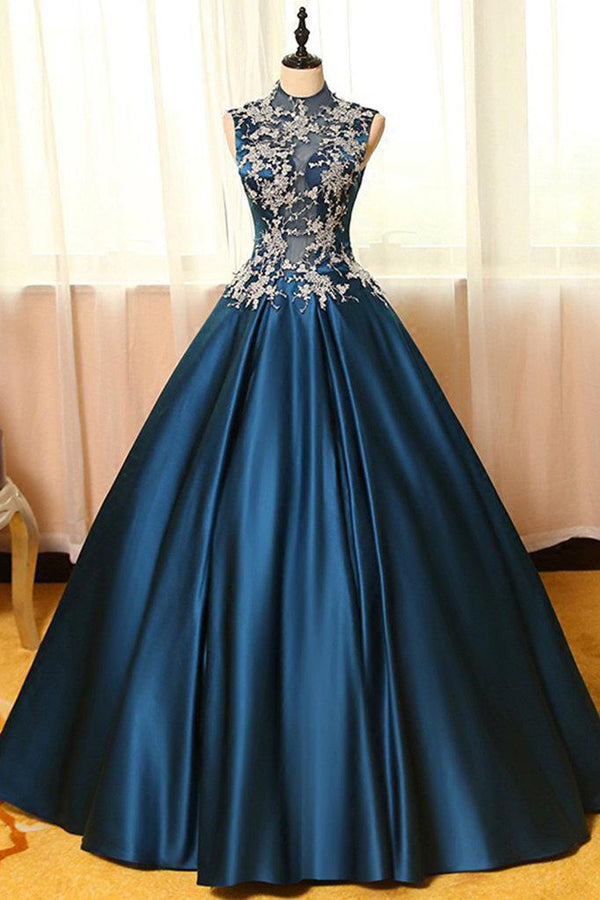 Chic Satin High Neck Ball Gown Long Prom Dresses with Appliques, SP344 Simidress Chic Satin High Neck Ball Gown Long Prom Dresses with Appliques, SP344 Simidress