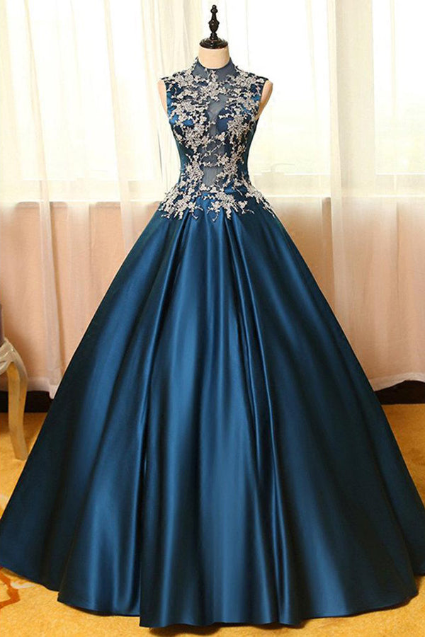 Chic Satin High Neck Ball Gown Long Prom Dresses with Appliques, SP344