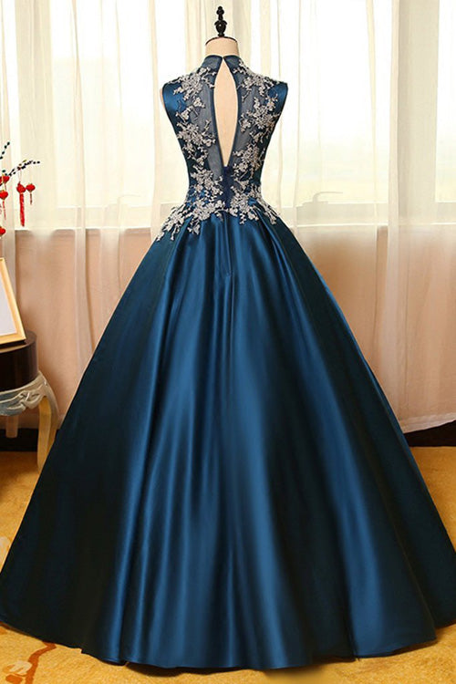 Chic Satin High Neck Ball Gown Long Prom Dresses with Appliques, SP344|simidress.com
