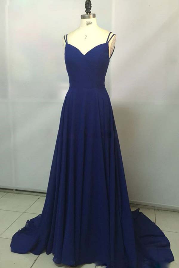 Royal Blue Chiffon V neck Simple Spaghetti Straps Long Prom Dresses, SP345