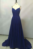 Royal Blue Chiffon V neck Simple Spaghetti Straps Long Prom Dresses, SP345