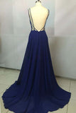 Royal Blue Chiffon V neck Simple Spaghetti Straps Long Prom Dresses, SP345|simidress.com