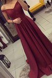 Simple Burgundy Off Shoulder A-line Long Prom Dresses Evening Dresses, SP346