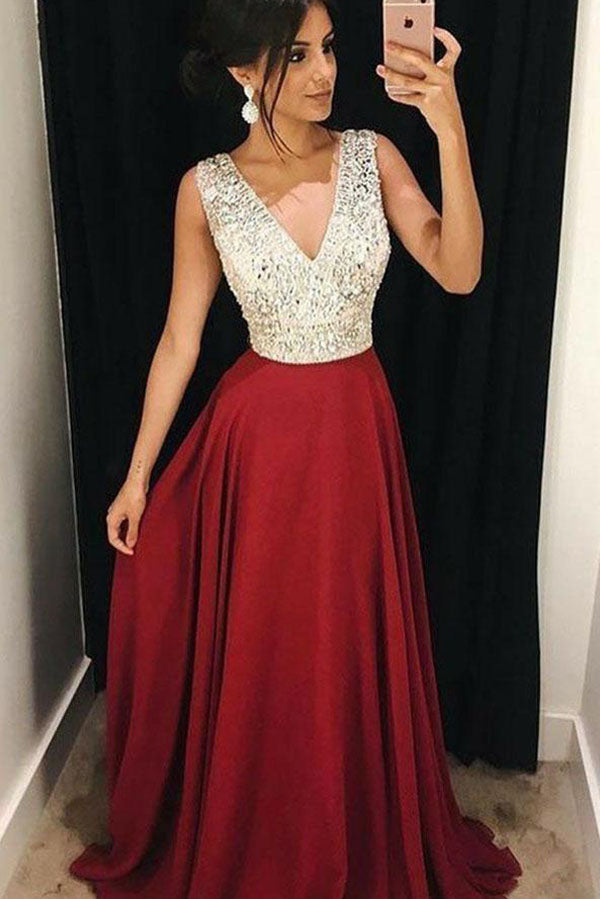 Red Beaded A-Line V-Neck Satin Long Prom Dress with Sweep Train, SP347