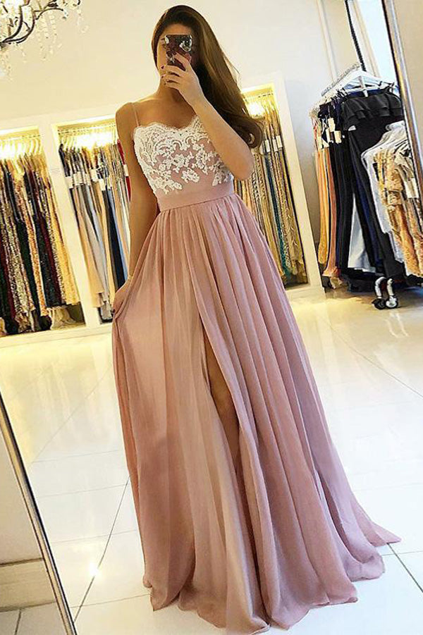 Dusty Rose Spaghetti Straps Lace Bodice Long Prom Dresses with Slit, SP349 Simidress Dusty Rose Spaghetti Straps Lace Bodice Long Prom Dresses with Slit, SP349 Simidress