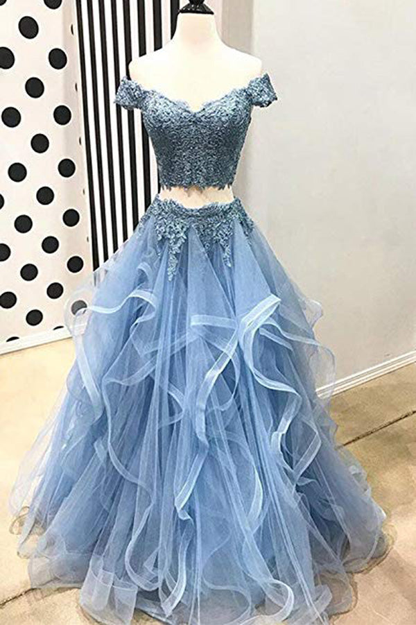 Blue Tulle Off Shoulder Two Piece Prom Dresses Lace Formal Dresses, SP Simidress Blue Tulle Off Shoulder Two Piece Prom Dresses Lace Formal Dresses, SP Simidress