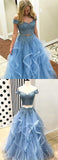 Buy Blue Tulle Off Shoulder Two Piece Prom Dresses Lace Formal Dresses, SP350 from simidress.com