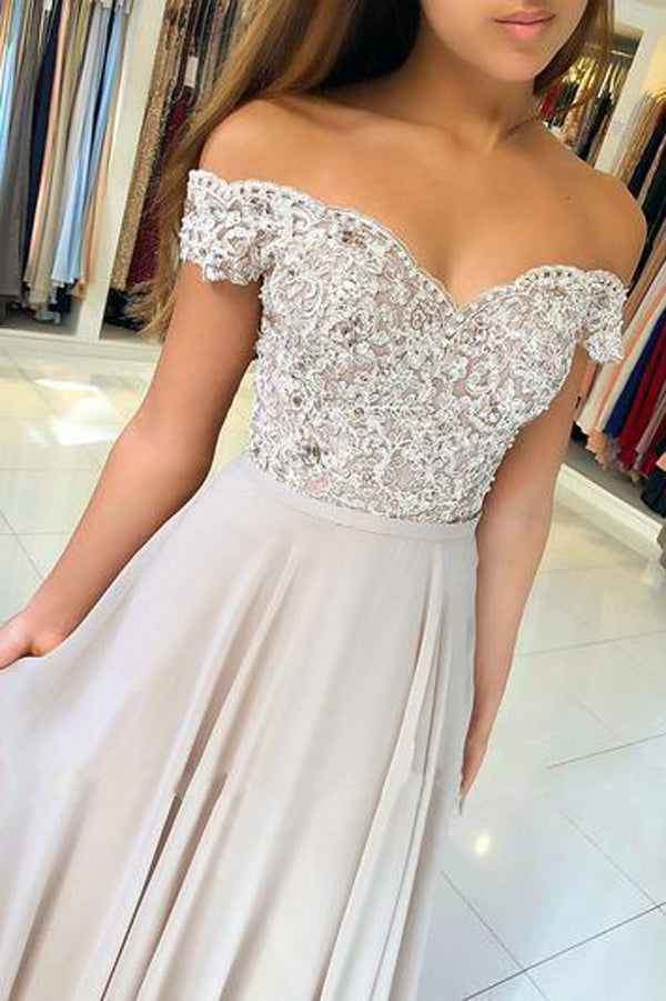 Chiffon Off the Shoulder Beaded Lace Long Prom Dresses Evening Gowns, SP352  – Simidress
