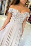 Chiffon Off the Shoulder Beaded Lace Long Prom Dresses Evening Gowns, SP352