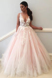 Charming Tulle V neck Lace Prom Dress, Evening Dresses with Appliques, SP354