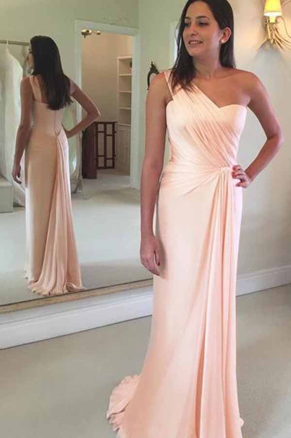 Simple Blush Pink Chiffon One Shoulder Mermaid Long Prom Dresses, SP355 – Simidress