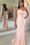 Simple Blush Pink Chiffon One Shoulder Mermaid Long Prom Dresses, SP355
