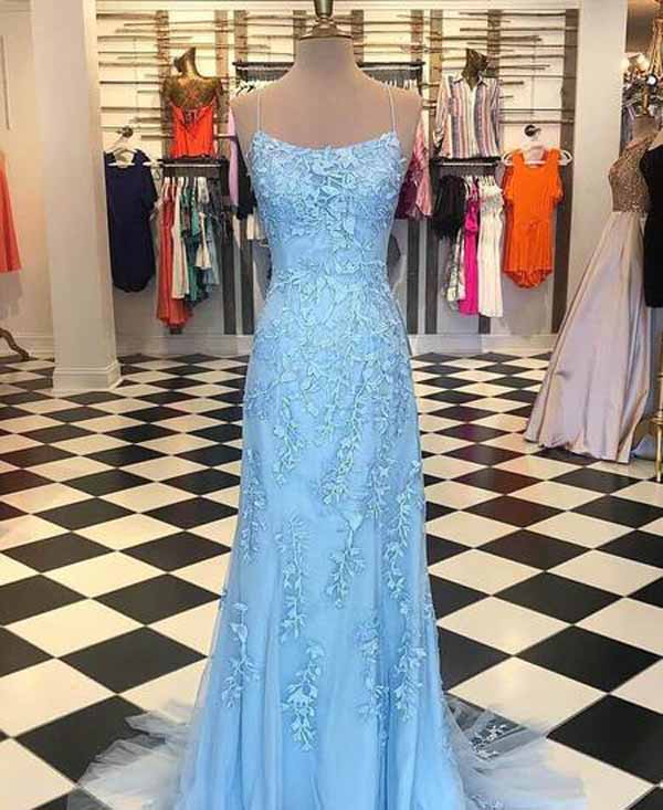 Sky Blue Mermaid Spaghetti Straps Backless Long Prom Dresses Formal Dress, SP356|simidress.com
