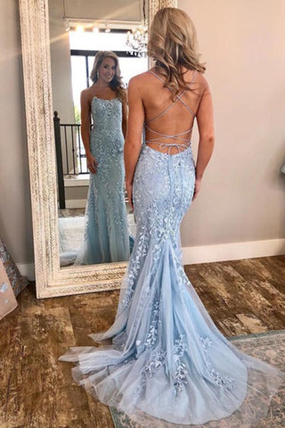 Sky Blue Mermaid Spaghetti Straps Backless Long Prom Dresses Formal Dress, SP356